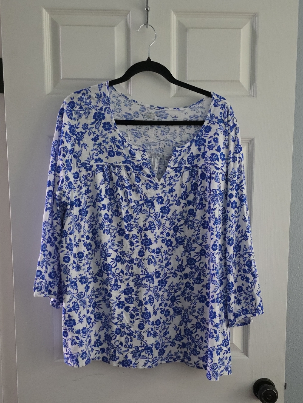 Lands' End White Top with Blue Floral Print